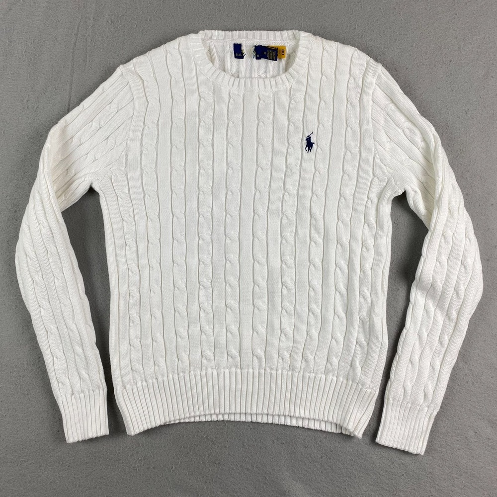 Polo Ralph Lauren Womens Cable Knit Sweater M Long Sleeve White Preppy pony
